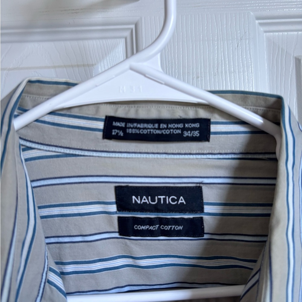 Nautica Beige and Blue Horizontal Stripe Button-Up Shirt